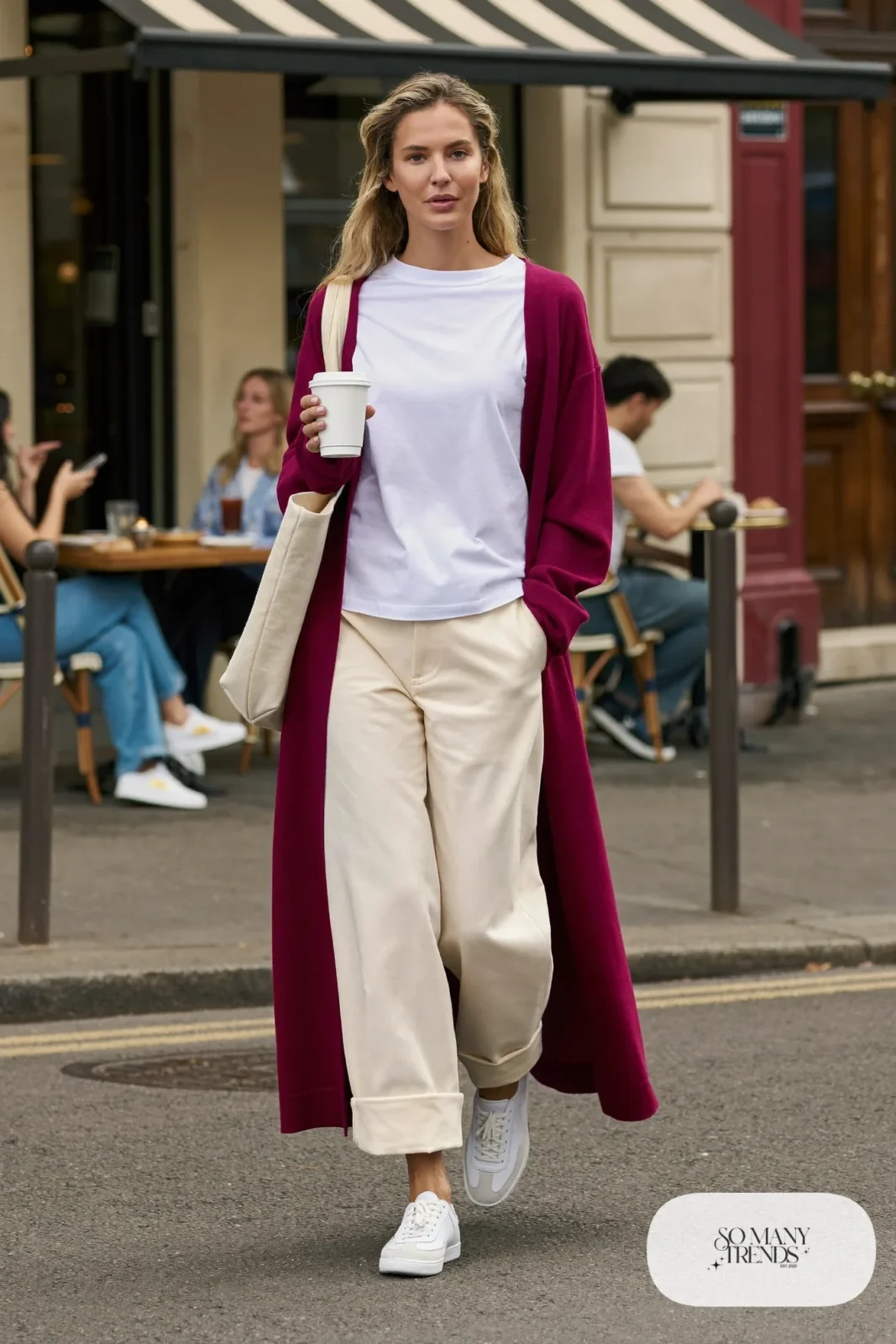 burgundy long open cardigan cream barrel pants white tee white sneakers tote outfit 17