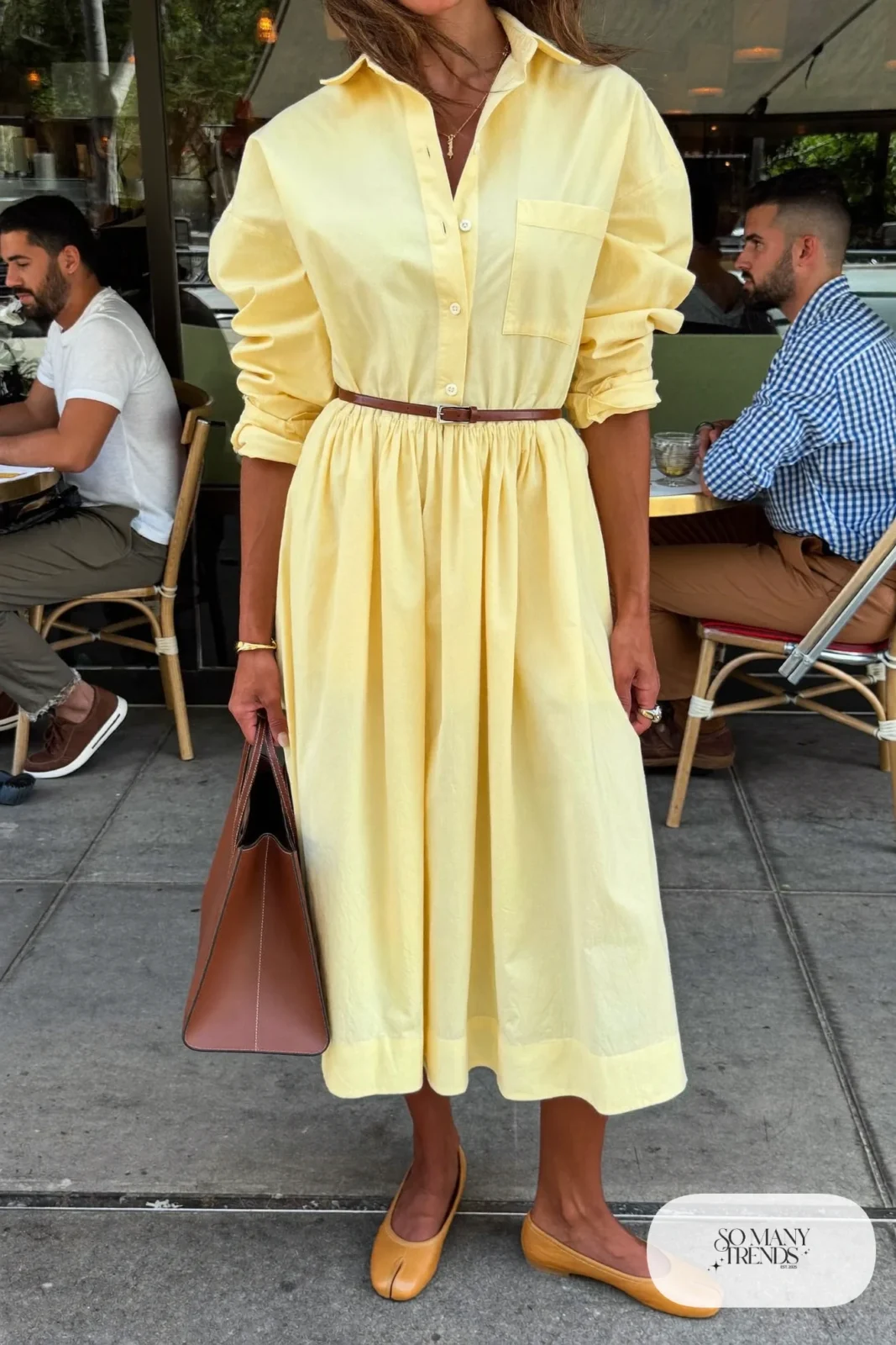 butter yellow cotton shirt dress full gathered skirt thin belt tan flats leather tote outfit 21