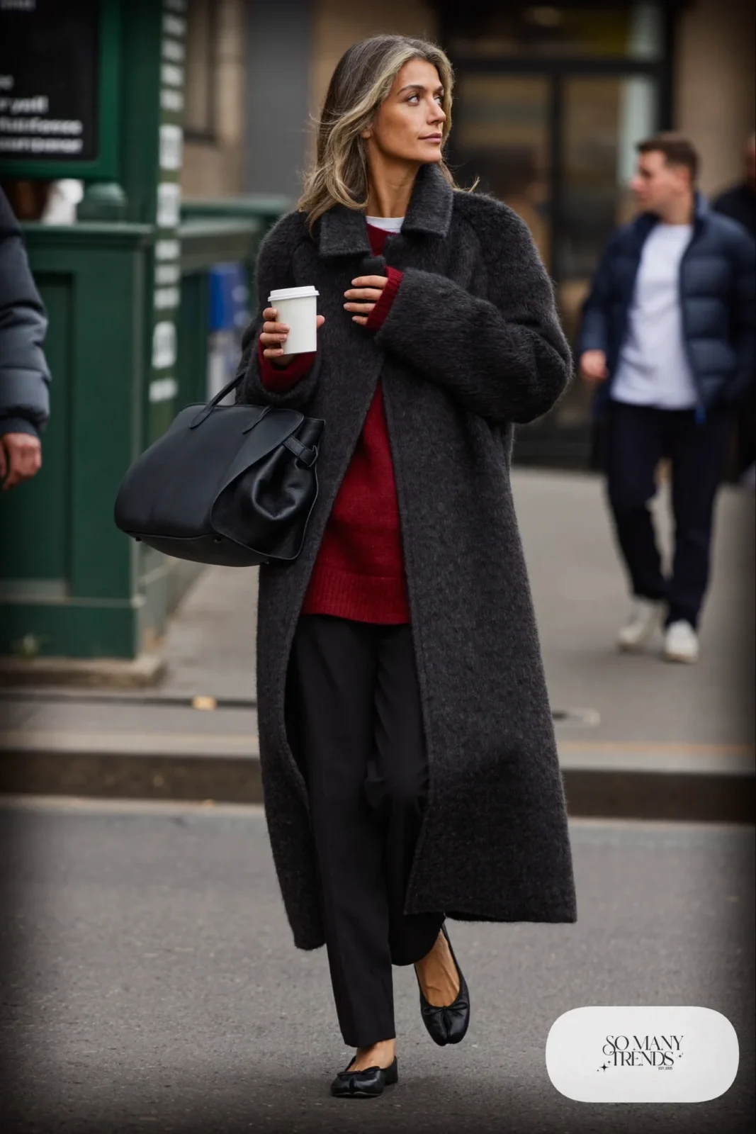 charcoal long wool coat burgundy sweater black pants black flats leather tote outfit 3