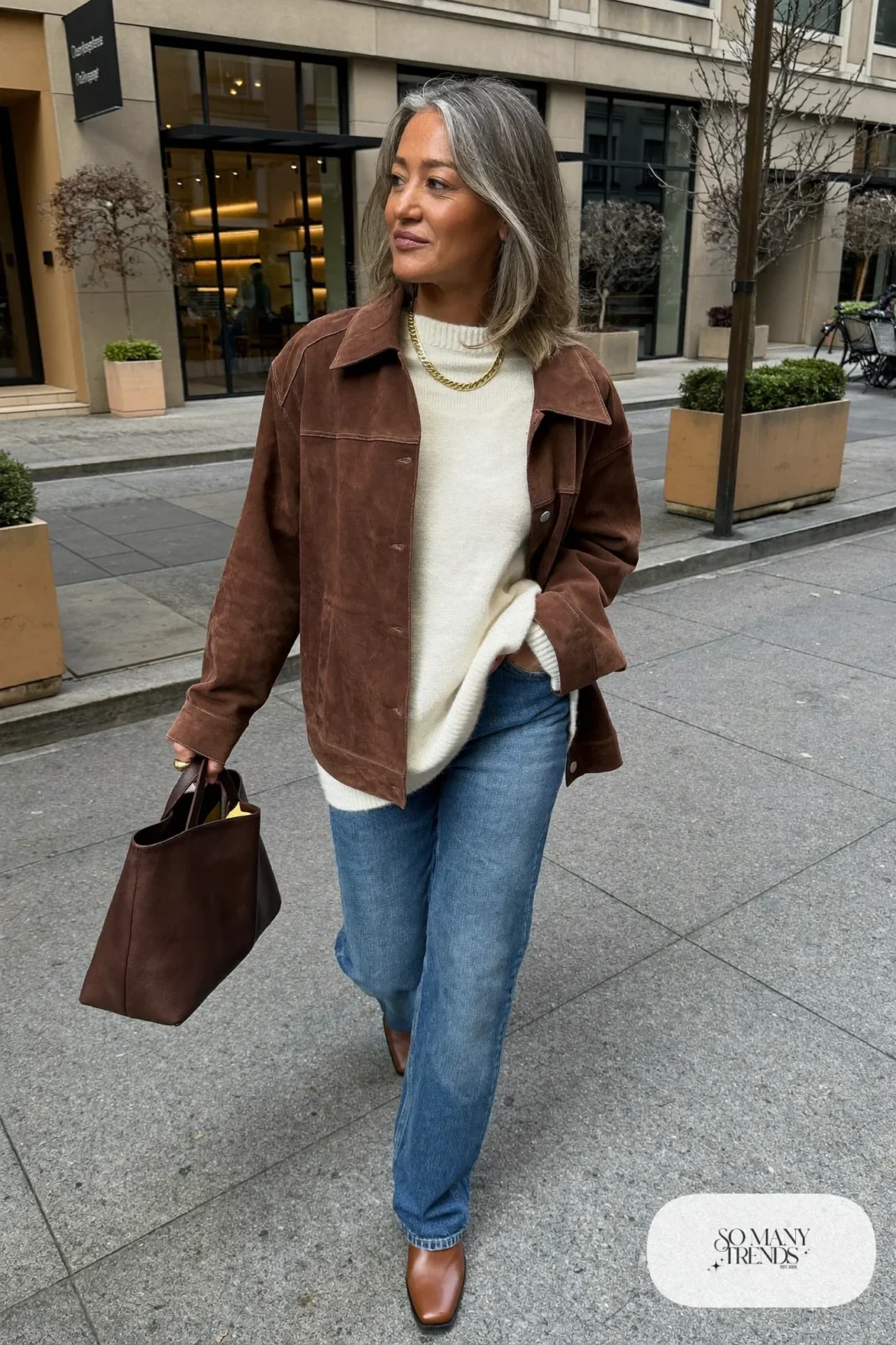 chocolate brown boxy suede jacket cream sweater straight jeans leather boots tote outfit 5