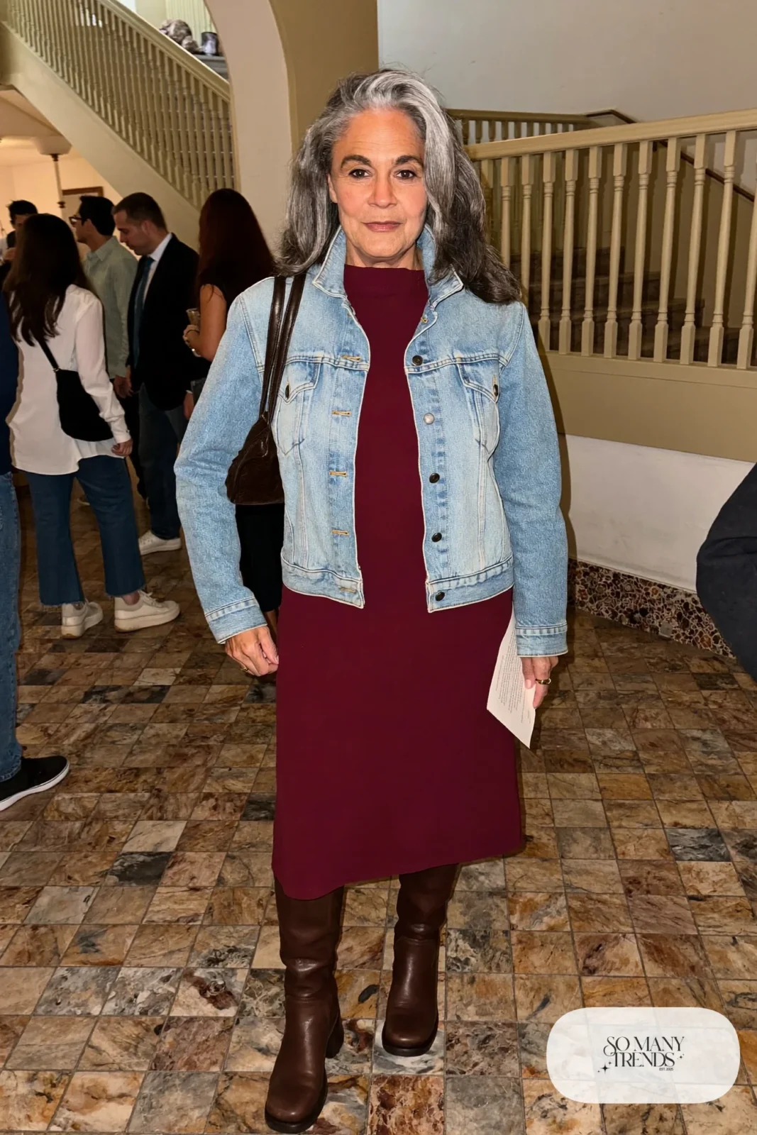 burgundy midi dress cropped denim jacket low-heel ankle boots small bag outfit 11