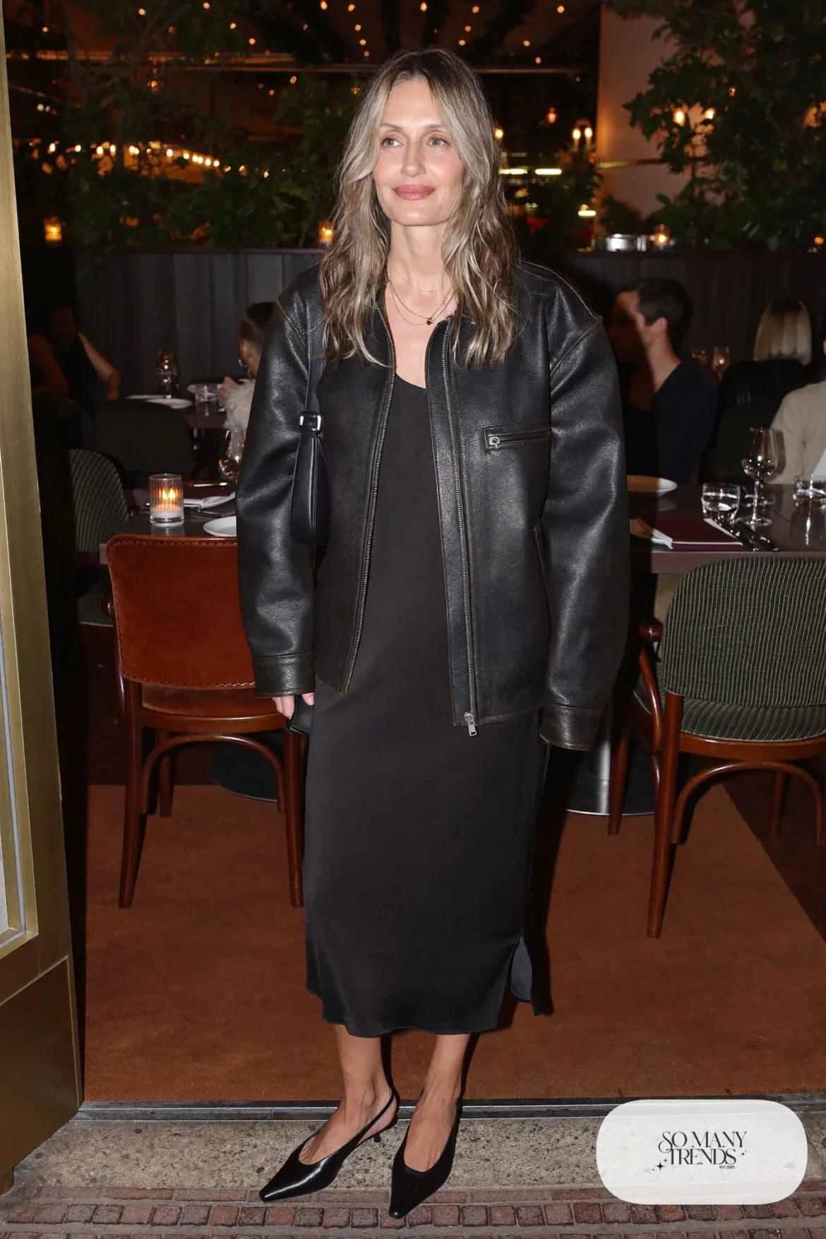 black satin slip dress boxy black leather jacket pointed slingbacks small shoulder bag outfit 15