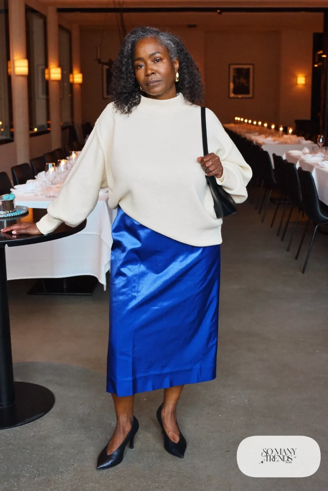 cobalt satin midi skirt cream sweater mid-heel pumps small bag outfit 18