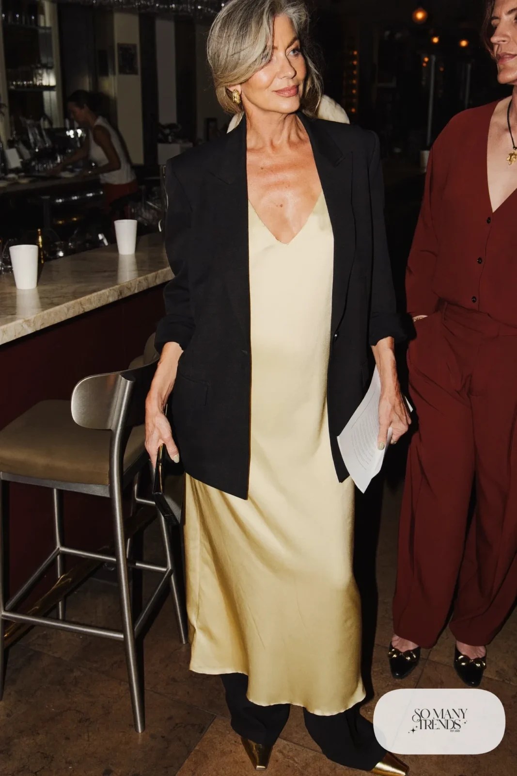black blazer matching wide-leg pants silk camisole metallic flats clutch outfit 19