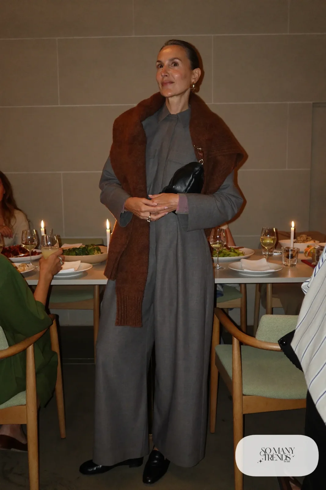 charcoal wide-leg jumpsuit gray wool wrap gold hoops loafers small bag outfit 22