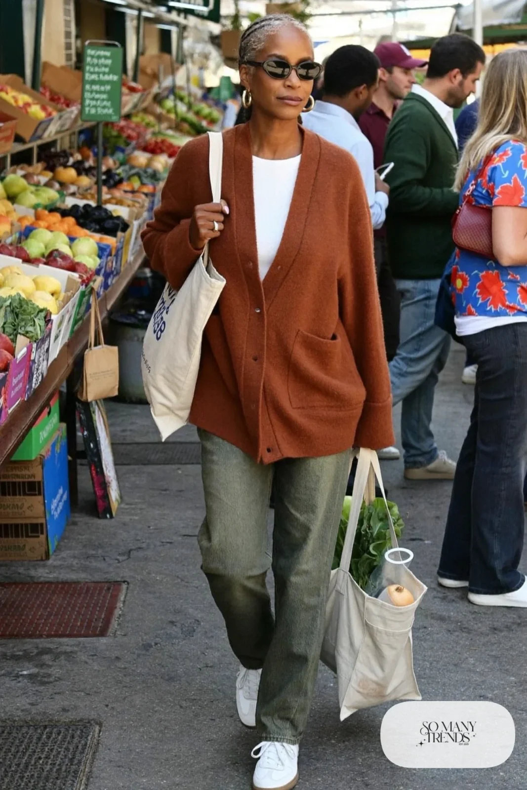 rust oversized cardigan white tee mid-wash straight jeans white sneakers canvas tote outfit 23