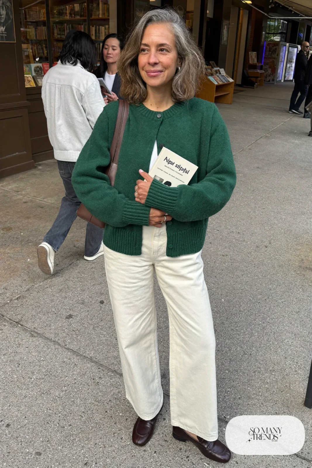 forest green cardigan white tee cream wide-leg pants brown loafers leather bag outfit 28