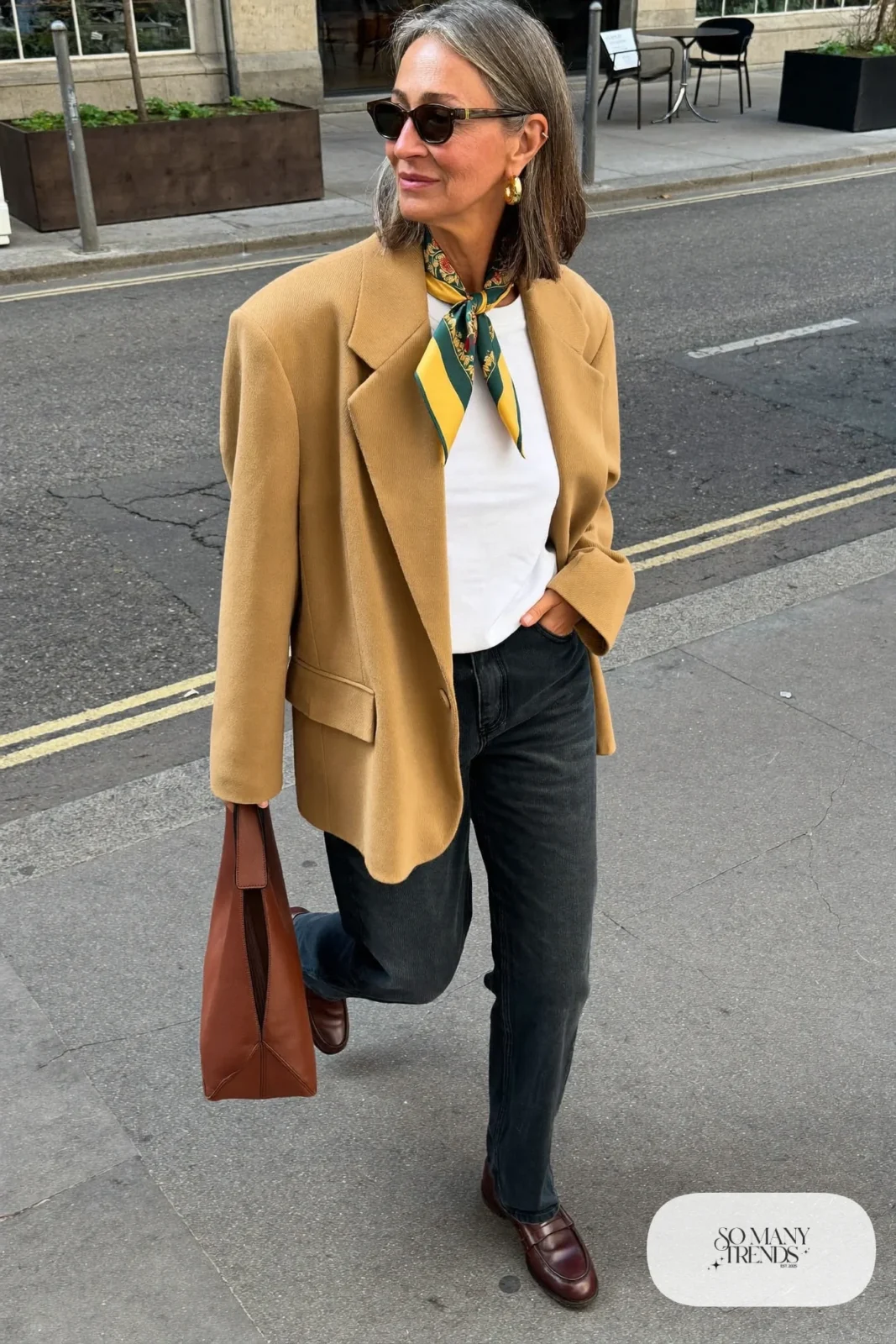 camel oversized blazer silk neck scarf white tee straight jeans loafers tote outfit 30