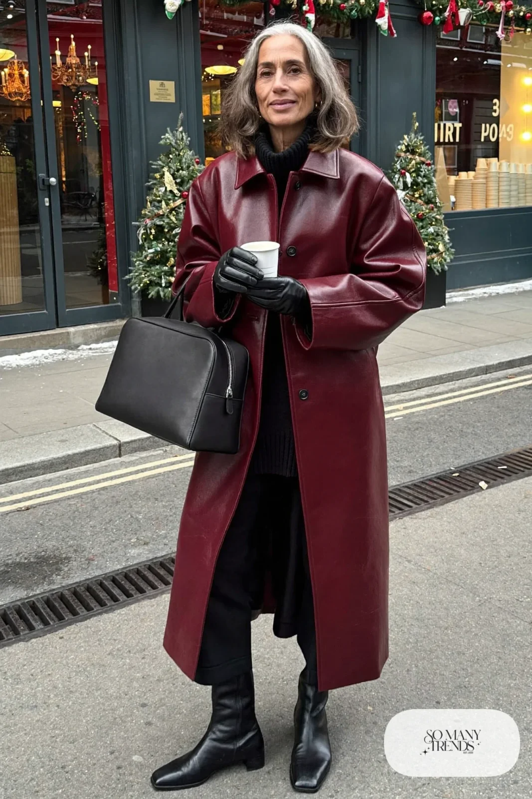 burgundy long wool coat black turtleneck black pants black boots leather gloves bag outfit 32