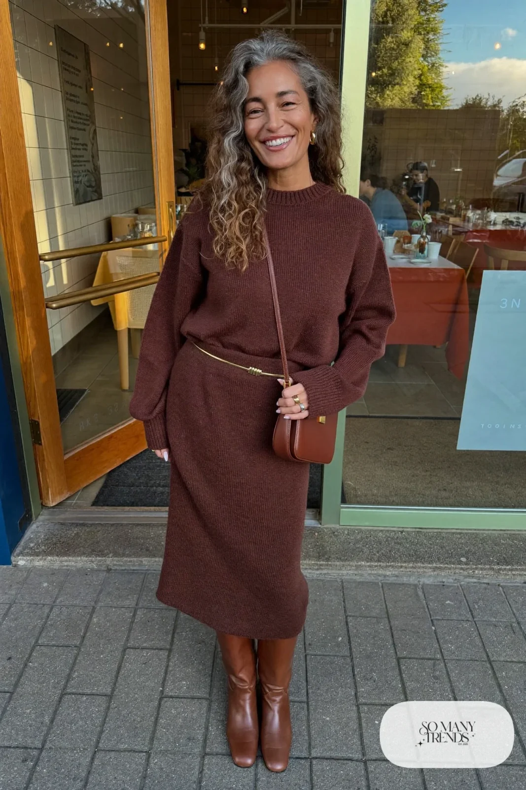 chocolate brown knit sweater matching long knit skirt gold belt tall boots small bag outfit 34