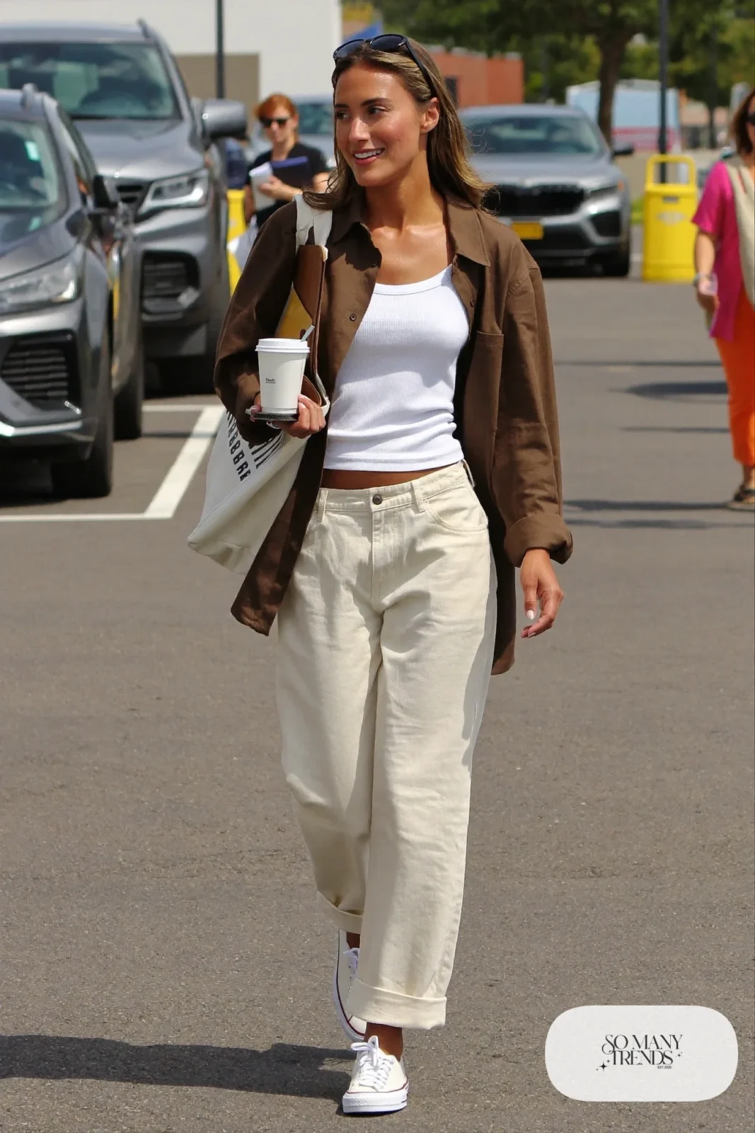 chocolate brown overshirt cream barrel pants ribbed tank white sneakers canvas bag school run outfit 4