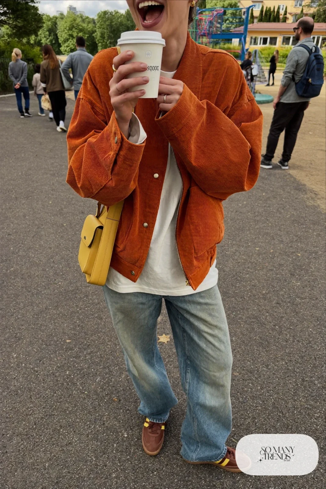 rust corduroy jacket white tee relaxed blue jeans leather sneakers crossbody bag playdate outfit 8