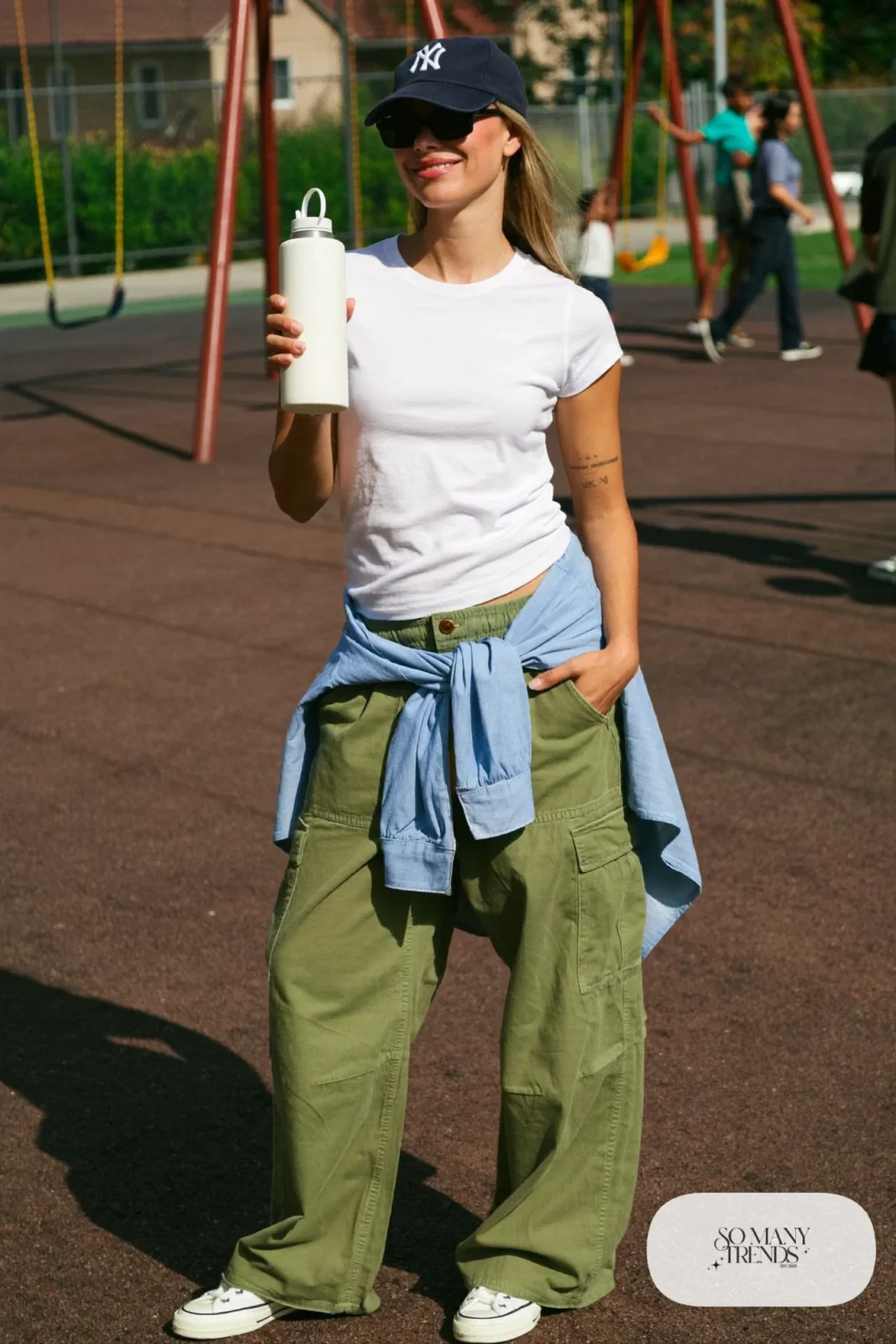 olive cargo pants fitted white tee chambray shirt tied waist sneakers playdate outfit 9