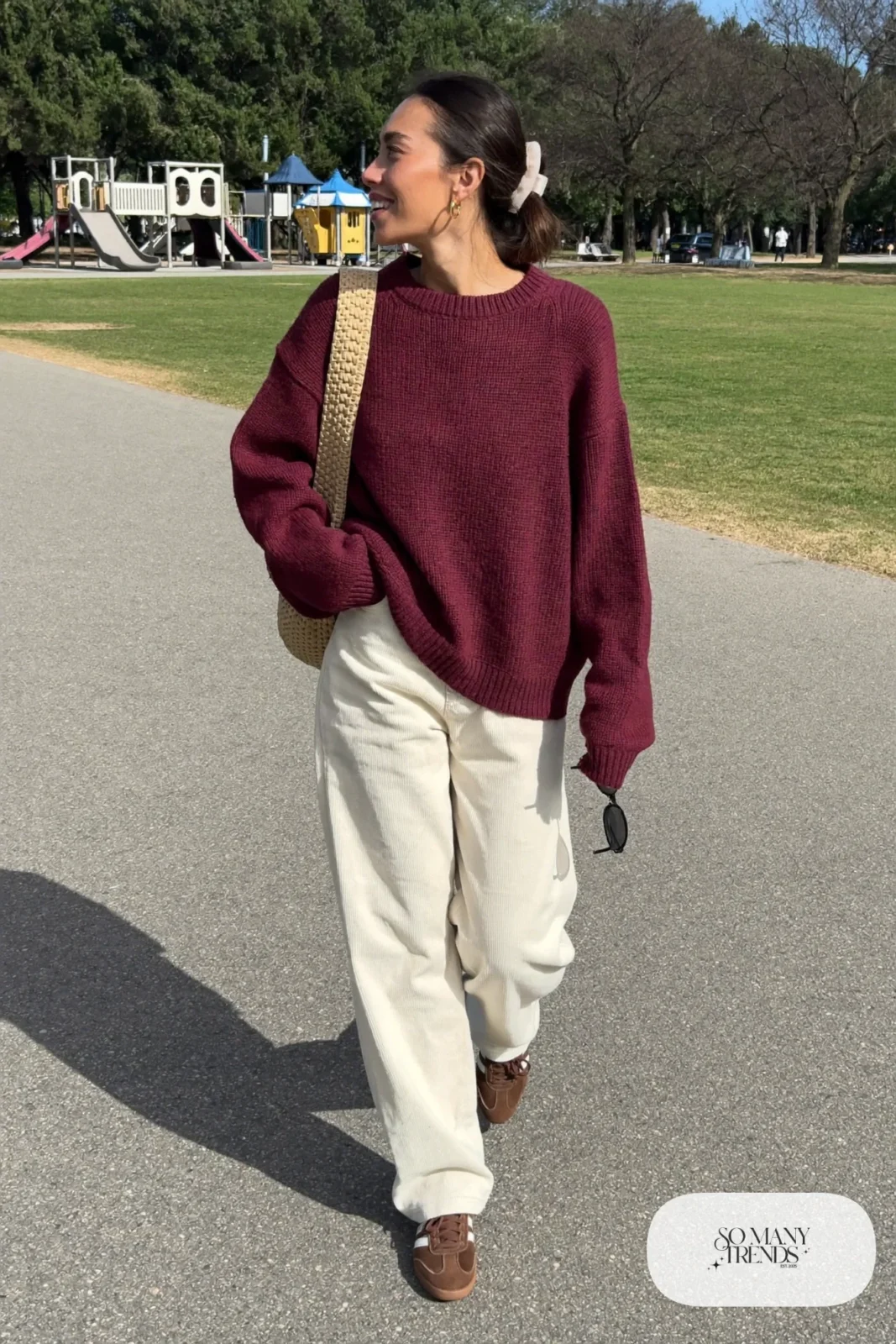 burgundy chunky sweater cream wide-leg corduroy pants brown leather sneakers woven bag playdate outfit 11