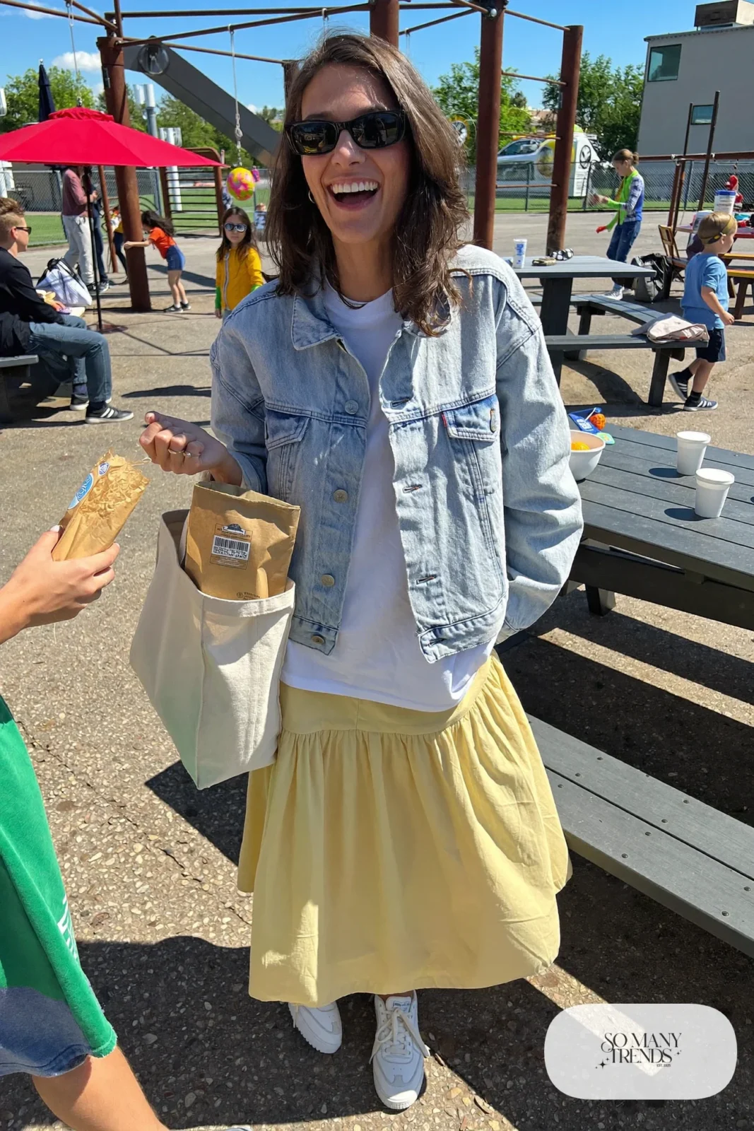 boxy denim jacket butter yellow cotton midi skirt white tee white sneakers canvas tote playdate outfit 12