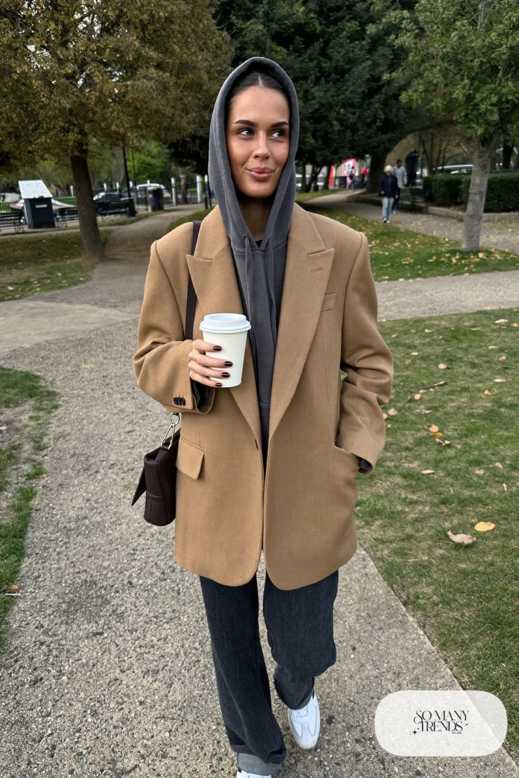 charcoal hoodie camel relaxed blazer straight jeans white sneakers playdate outfit 13