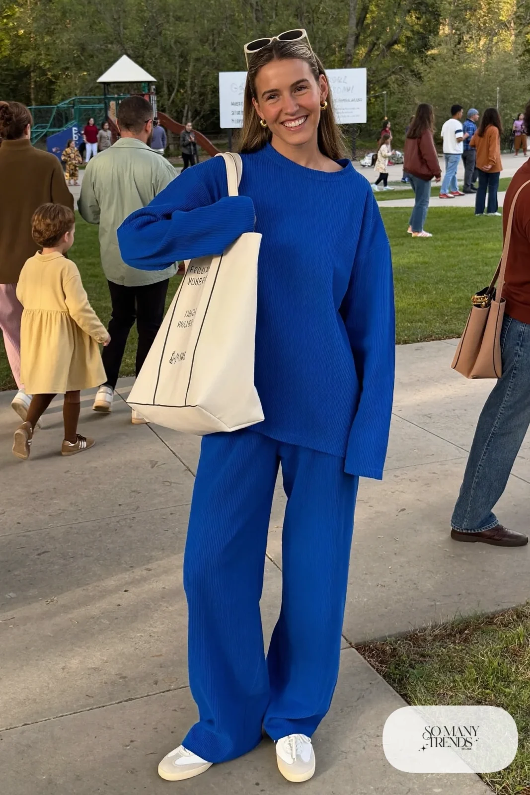cobalt blue ribbed knit set wide-leg pants relaxed top white sneakers cream tote playdate outfit 14