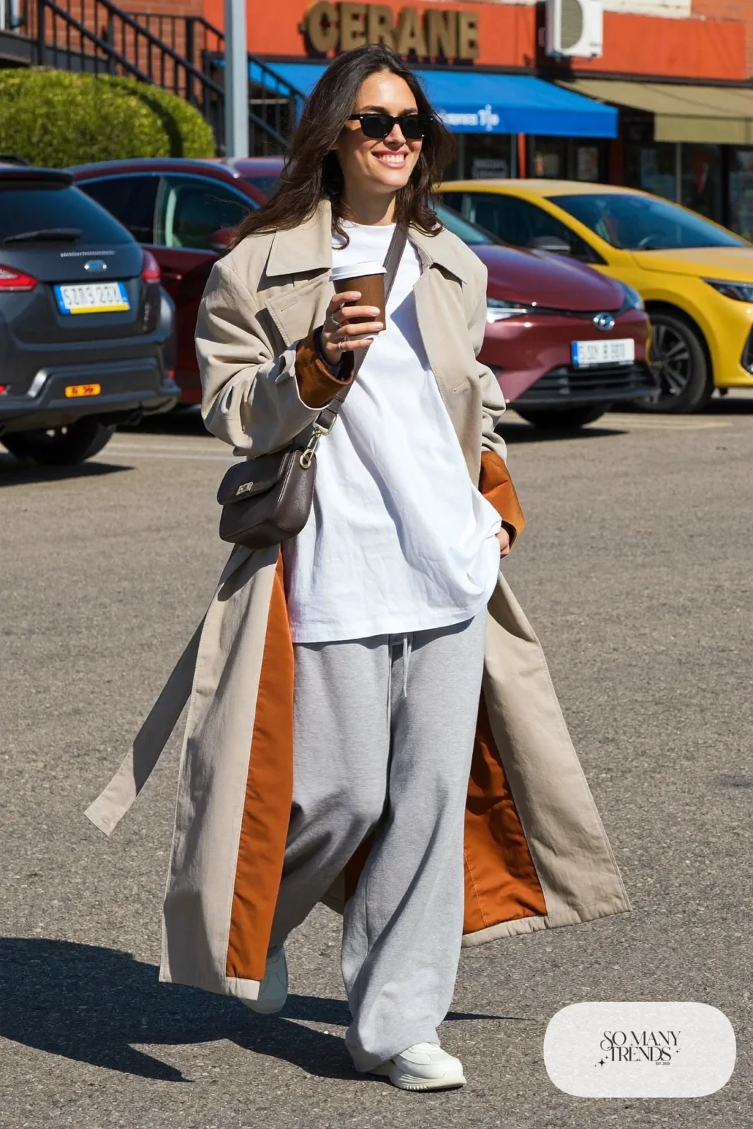 heather gray wide-leg sweatpants long beige trench white tee chunky sneakers errand outfit 16