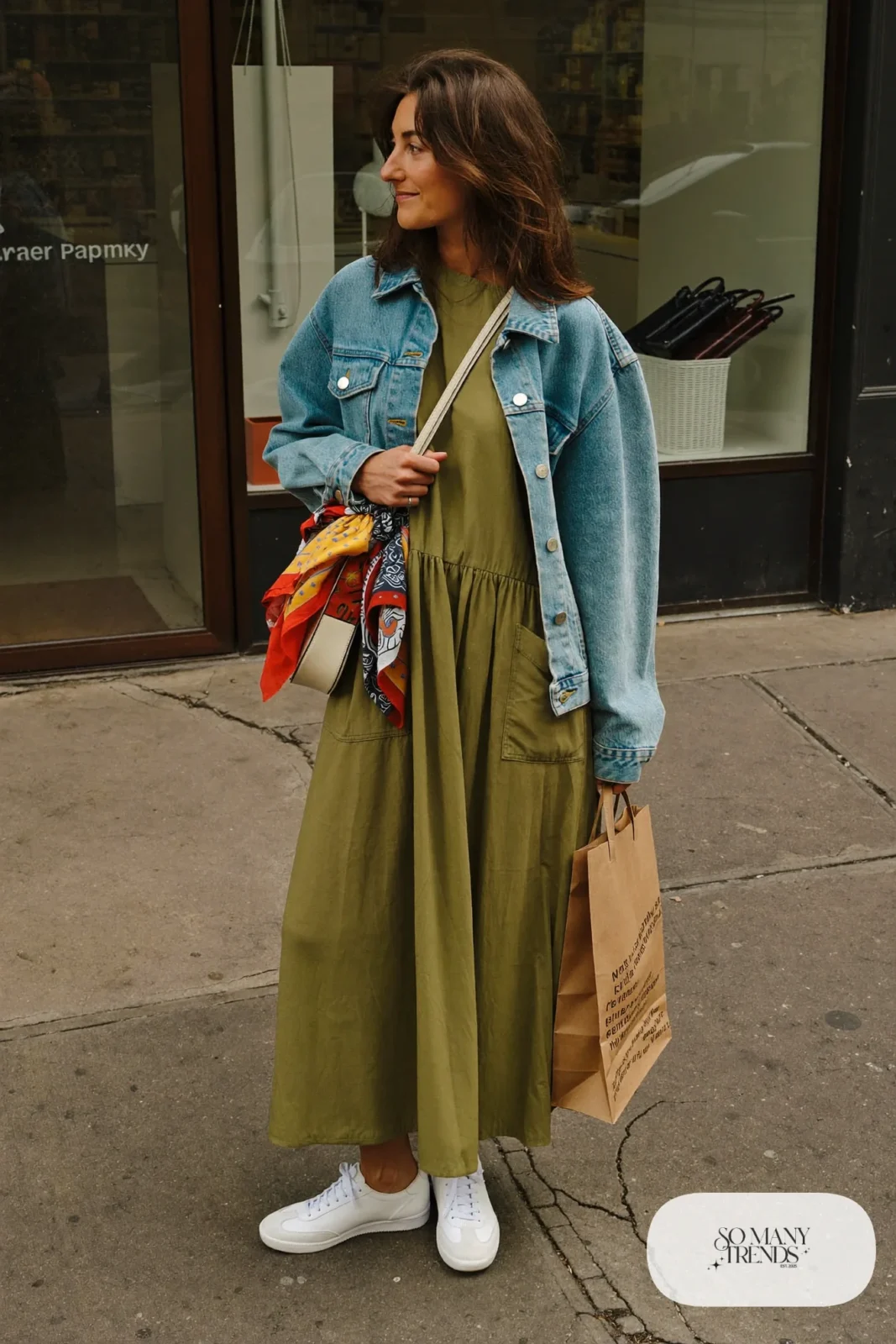 olive cotton midi dress light denim jacket white sneakers crossbody bag errand outfit 17