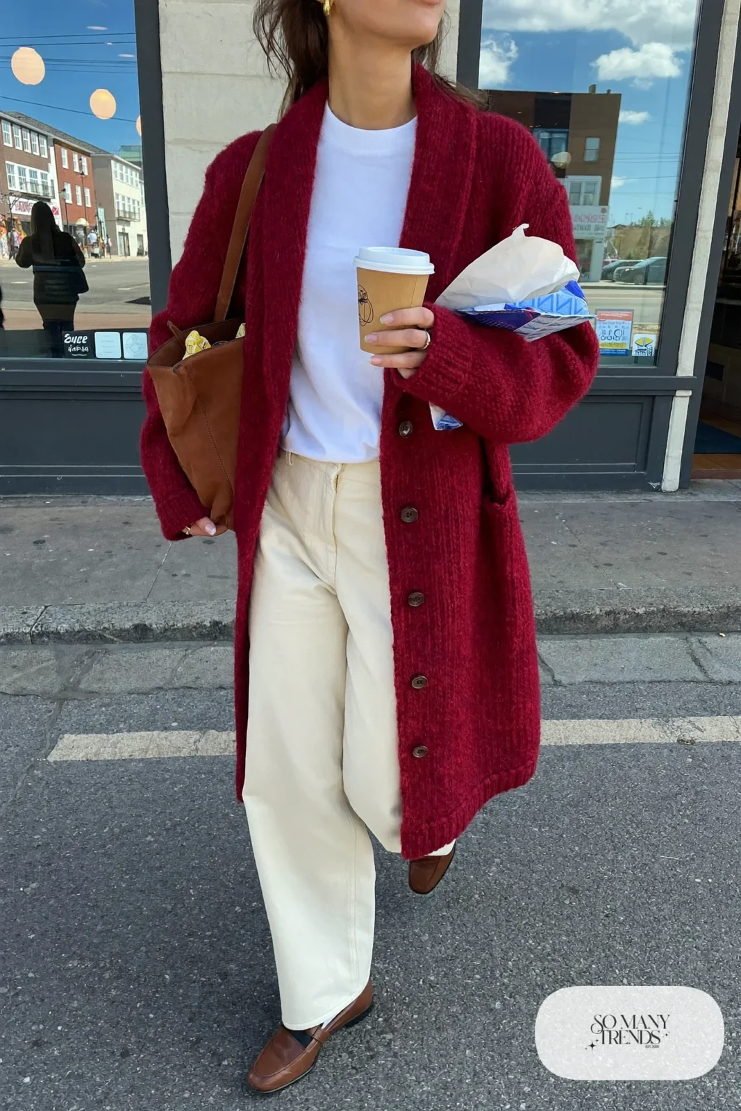 burgundy chunky cardigan cream wide-leg pants brown loafers leather tote errand outfit 18