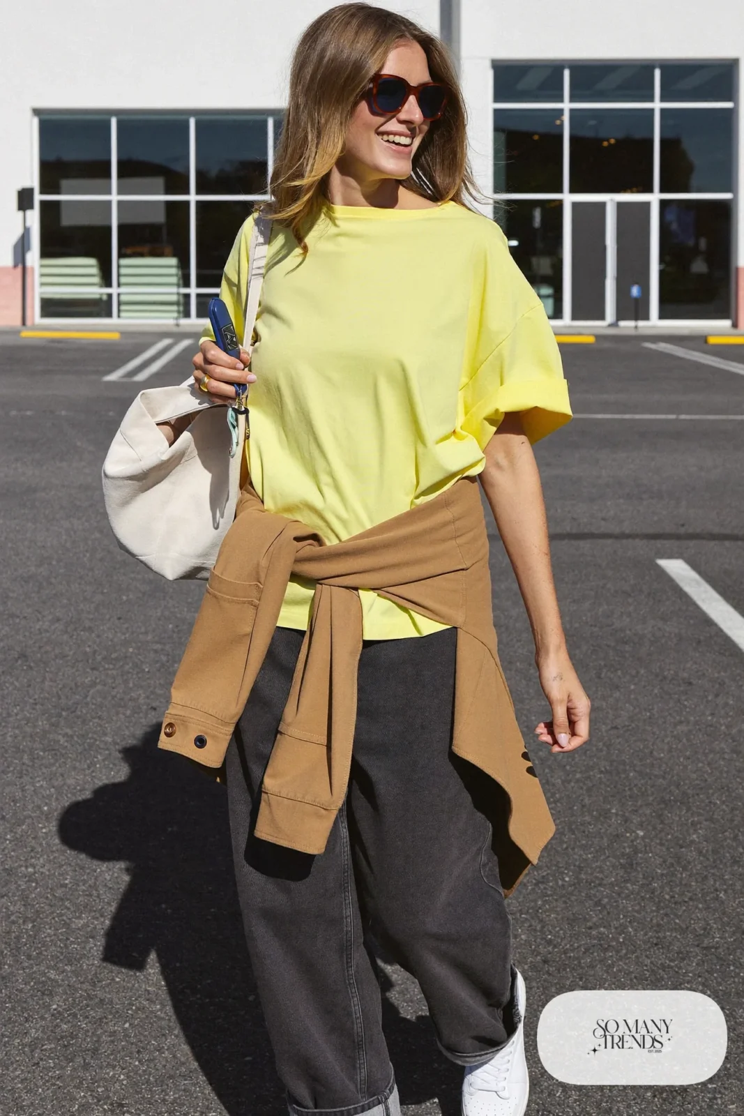 butter yellow boxy tee gray wide-leg jeans canvas jacket tied waist white sneakers errand outfit 20