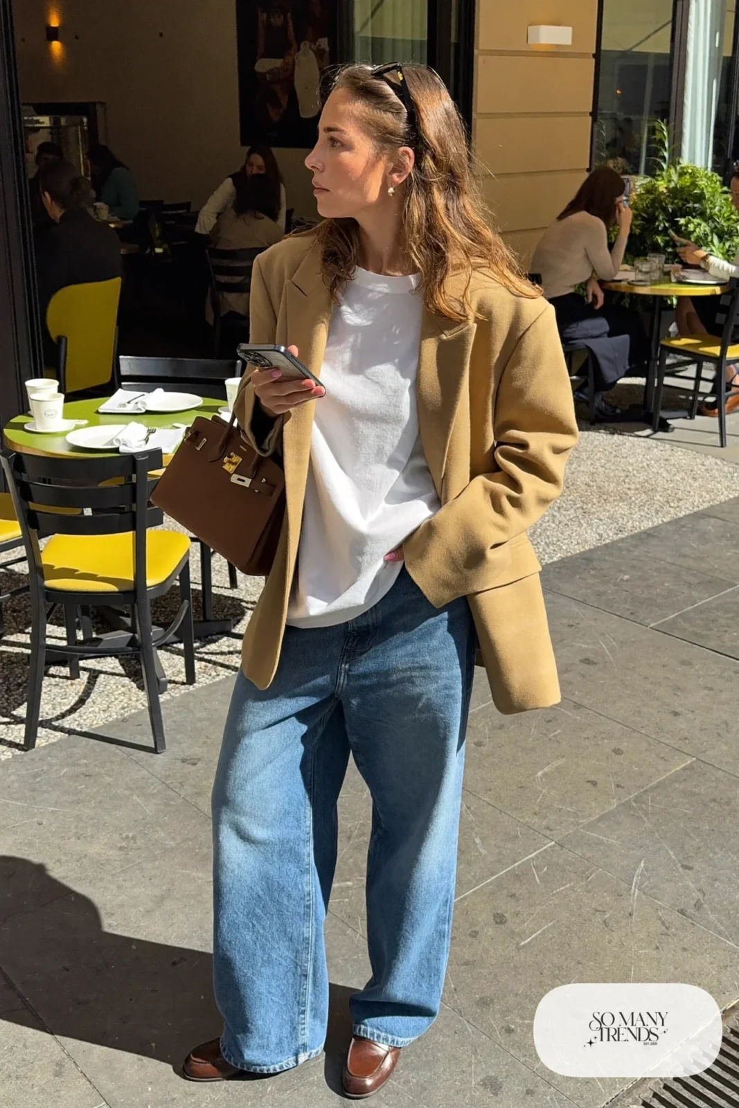 relaxed camel blazer white tee wide-leg mid wash jeans brown loafers leather bag dressed-up daytime outfit 22