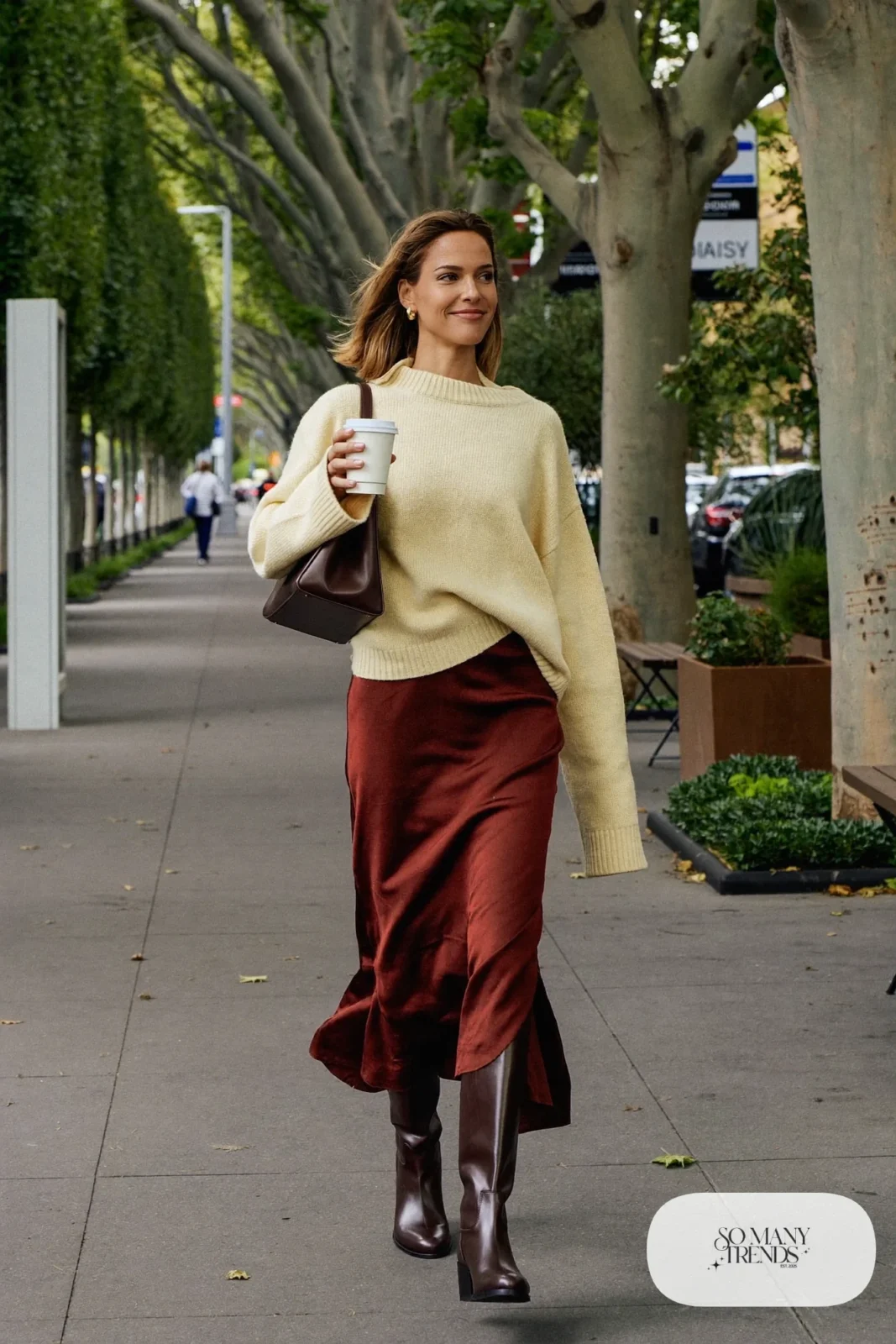 burgundy satin midi skirt cream chunky sweater low block heel boots small bag dressed-up daytime outfit 23