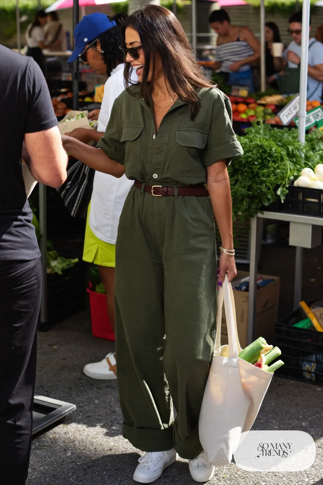olive wide-leg jumpsuit leather belt white sneakers canvas tote dressed-up daytime outfit 24