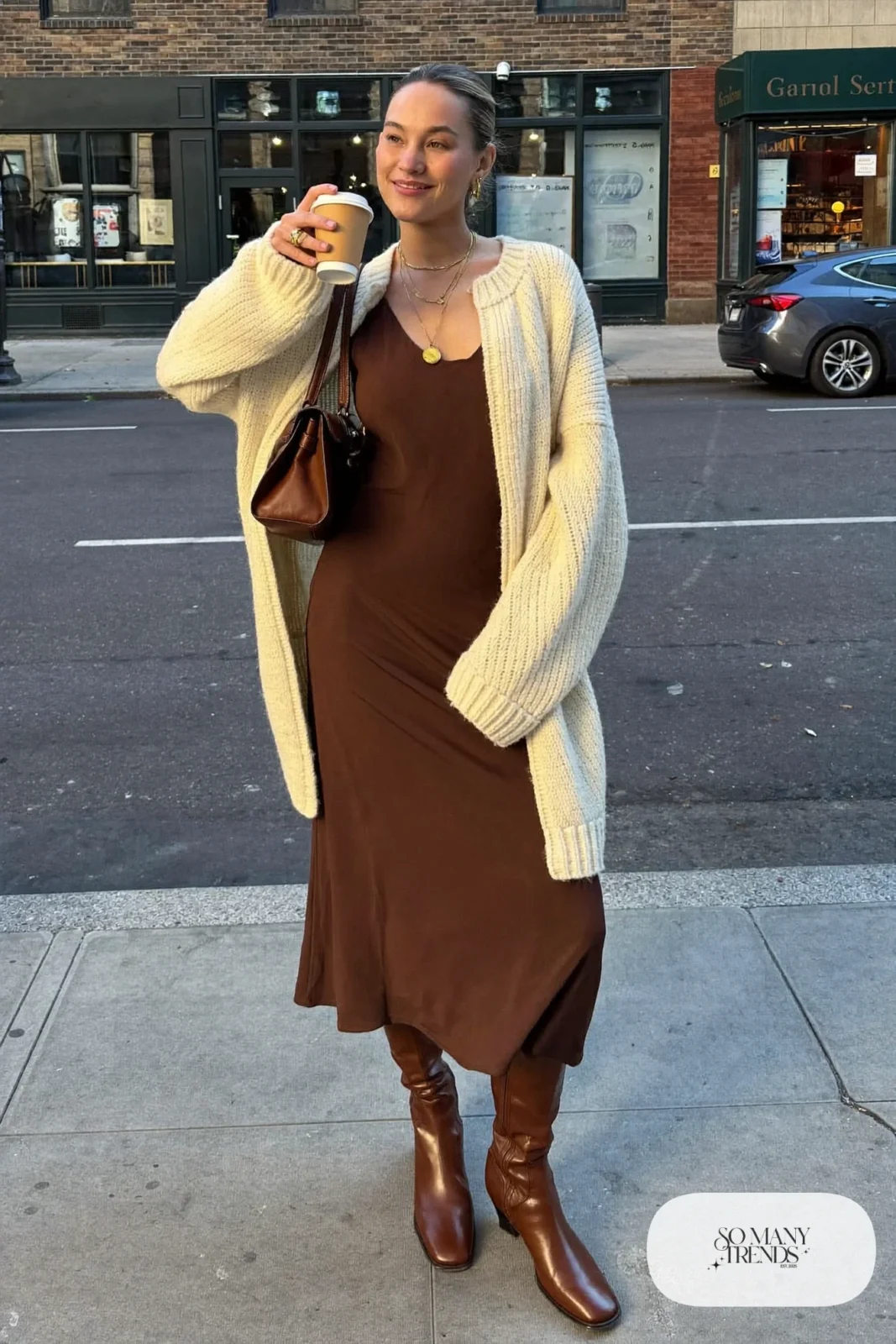 chocolate brown midi slip dress cream chunky cardigan ankle boots small bag dressed-up daytime outfit 26