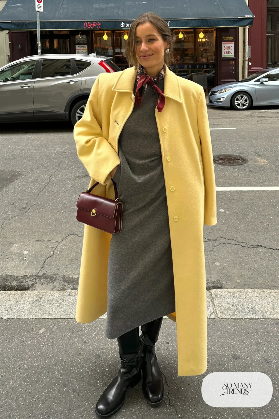 charcoal gray knit midi dress long camel wool coat tall boots leather bag dressed-up daytime outfit 28