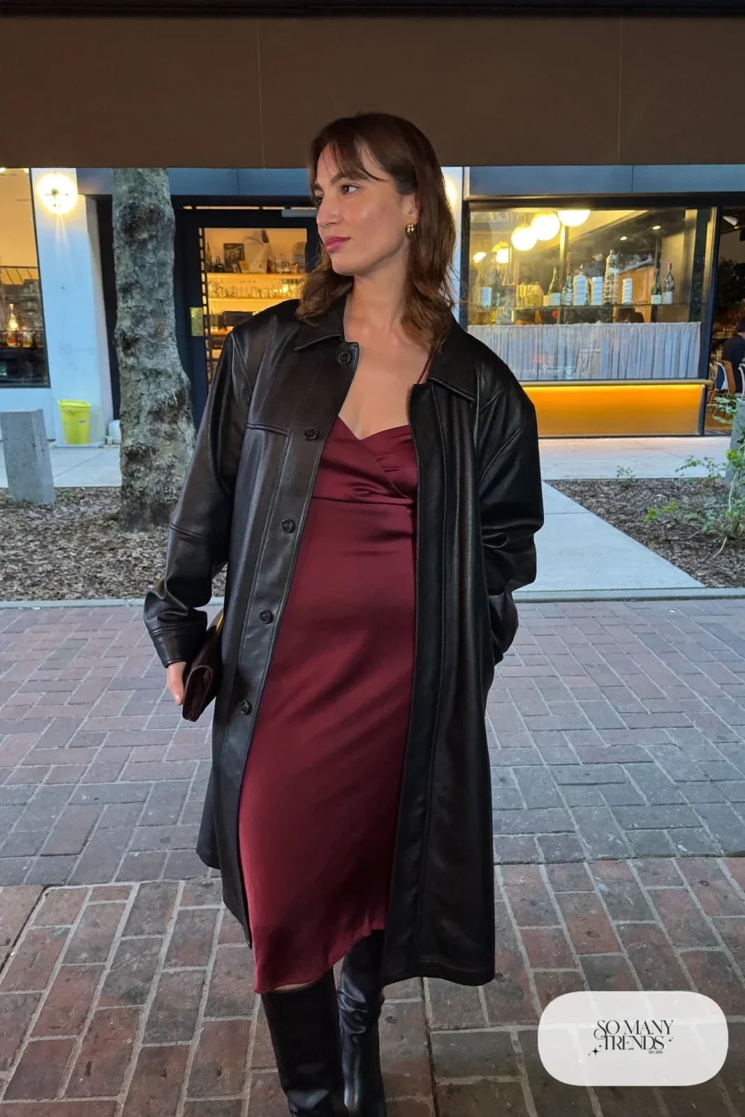 burgundy satin midi slip dress black leather jacket heeled ankle boots small clutch date night outfit 29