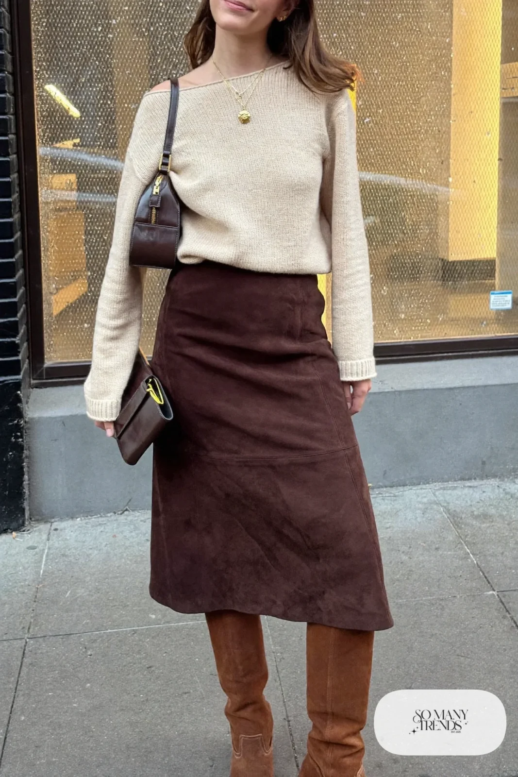 chocolate brown midi suede skirt cream fitted knit top tall brown boots small shoulder bag date night outfit 31