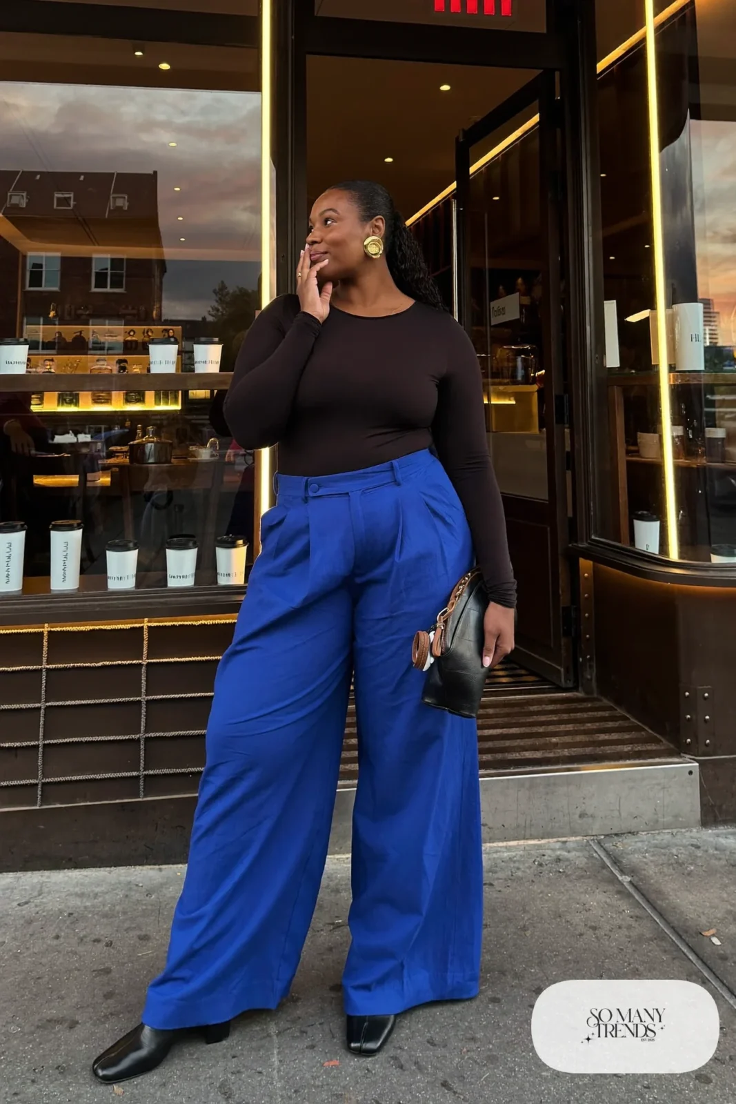 wide-leg cobalt blue pants black long sleeve bodysuit pointed mules small clutch date night outfit 34