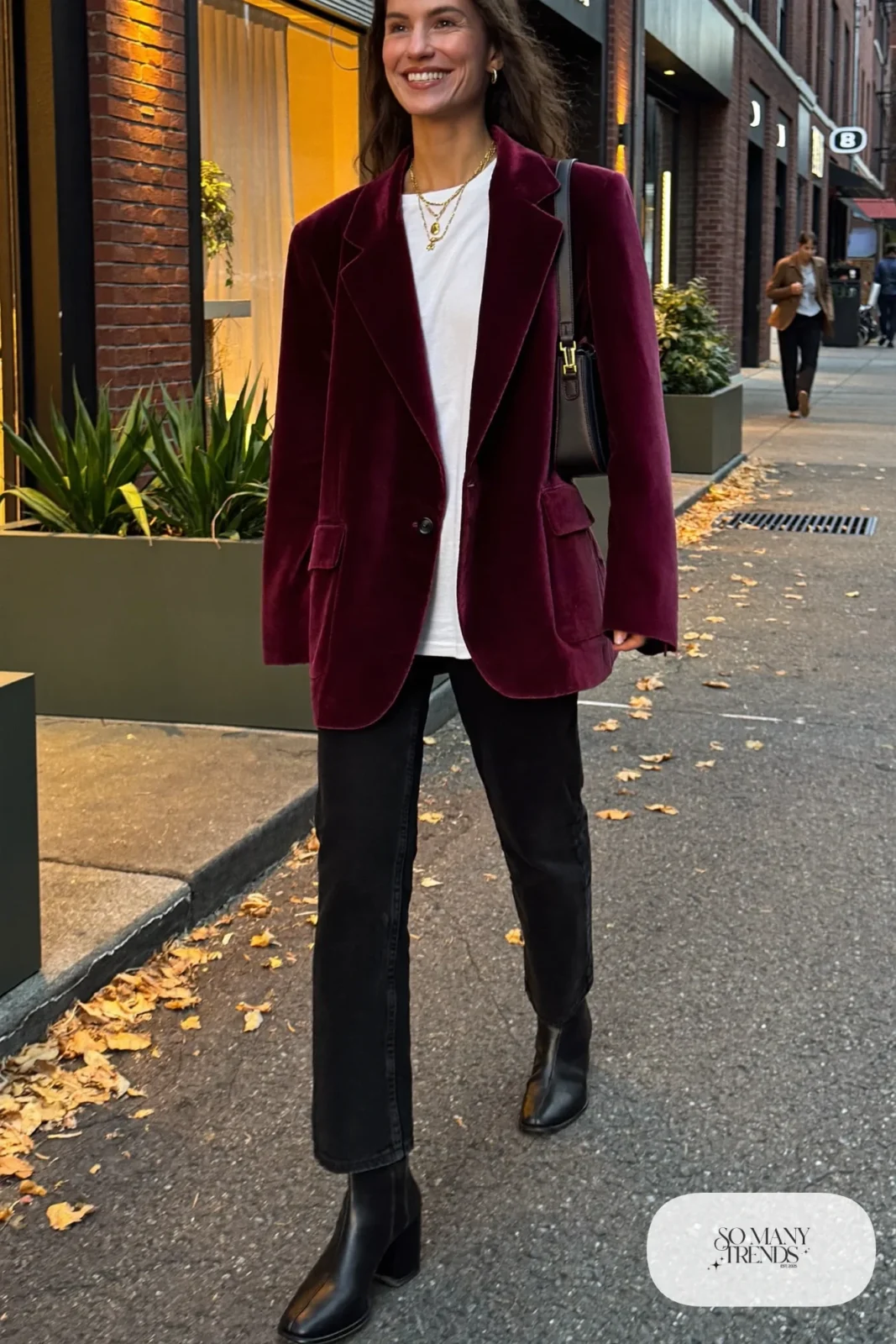 burgundy velvet relaxed blazer white tee black straight jeans heeled ankle boots small bag date night outfit 35