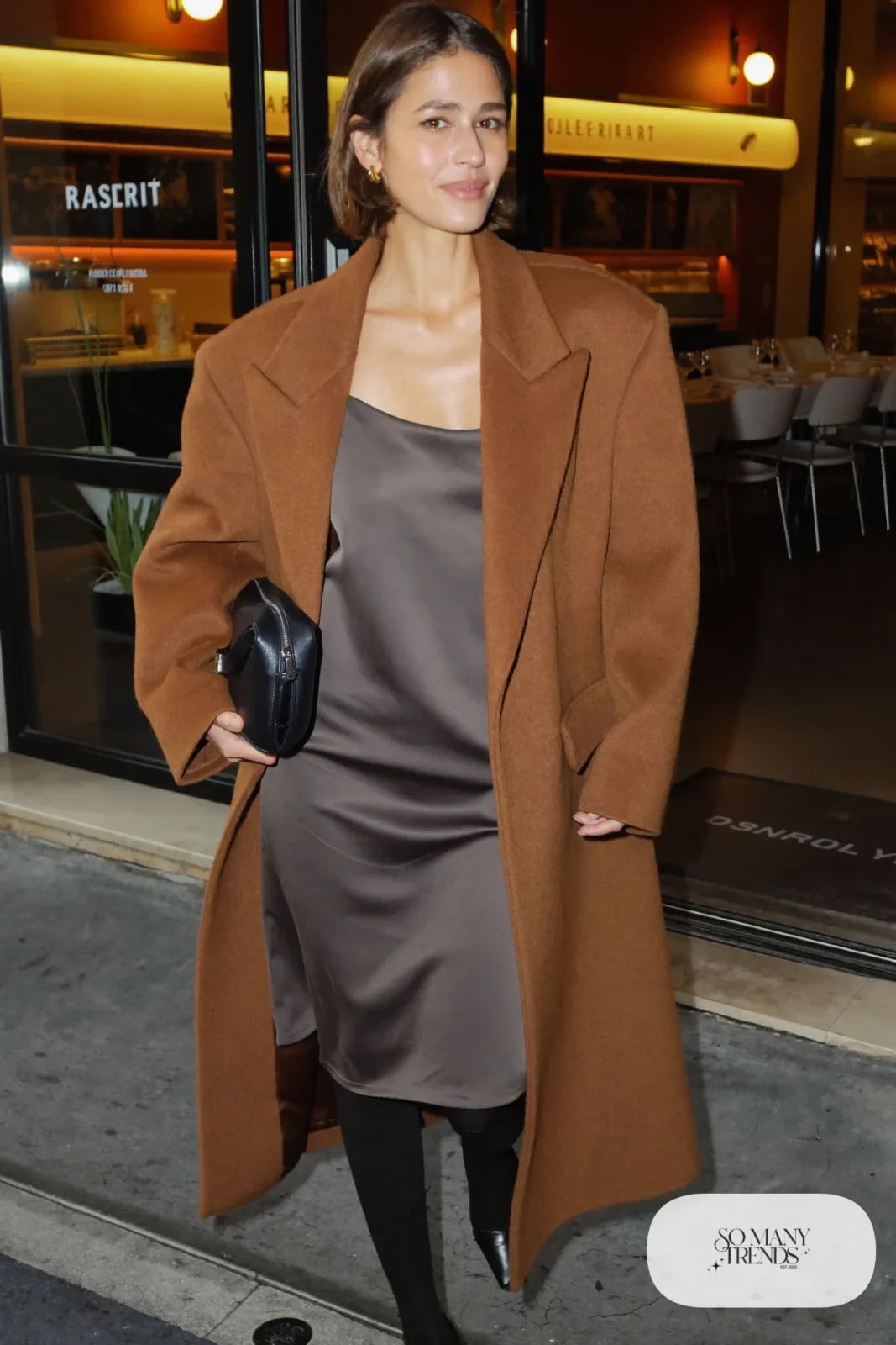 charcoal gray satin midi slip dress long camel coat closed-toe pumps sheer tights small clutch date night outfit 36
