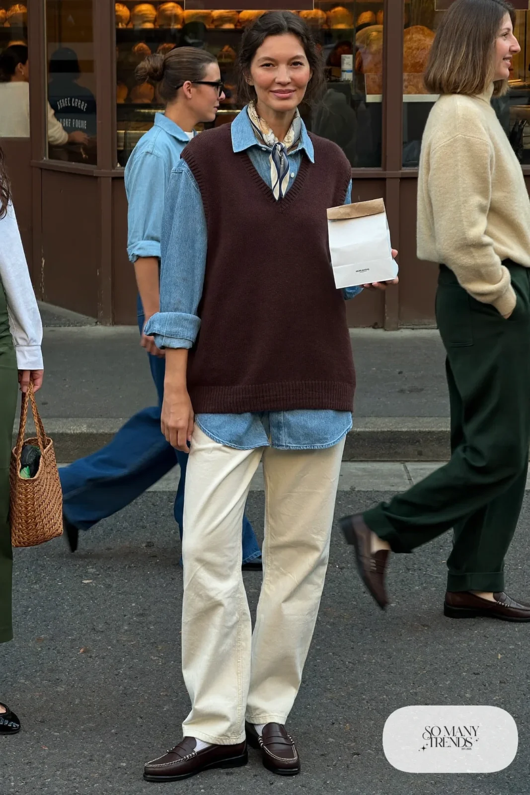 chocolate brown knit vest light denim shirt cream straight pants loafers silk scarf outfit 2