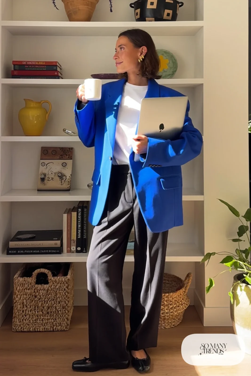 cobalt blue oversized blazer white tee black wide leg pants flats gold hoops outfit 7