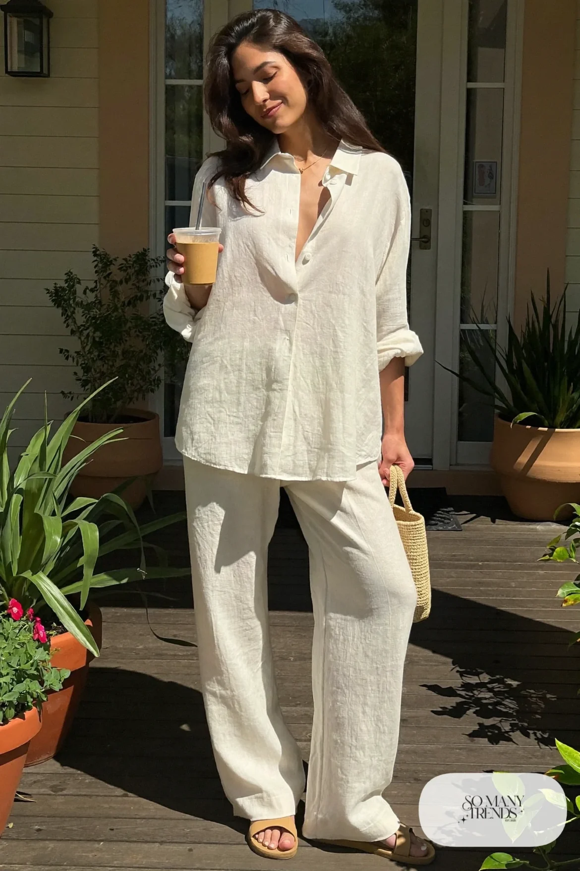 oatmeal linen button shirt wide leg linen pants slide sandals straw bag outfit 8