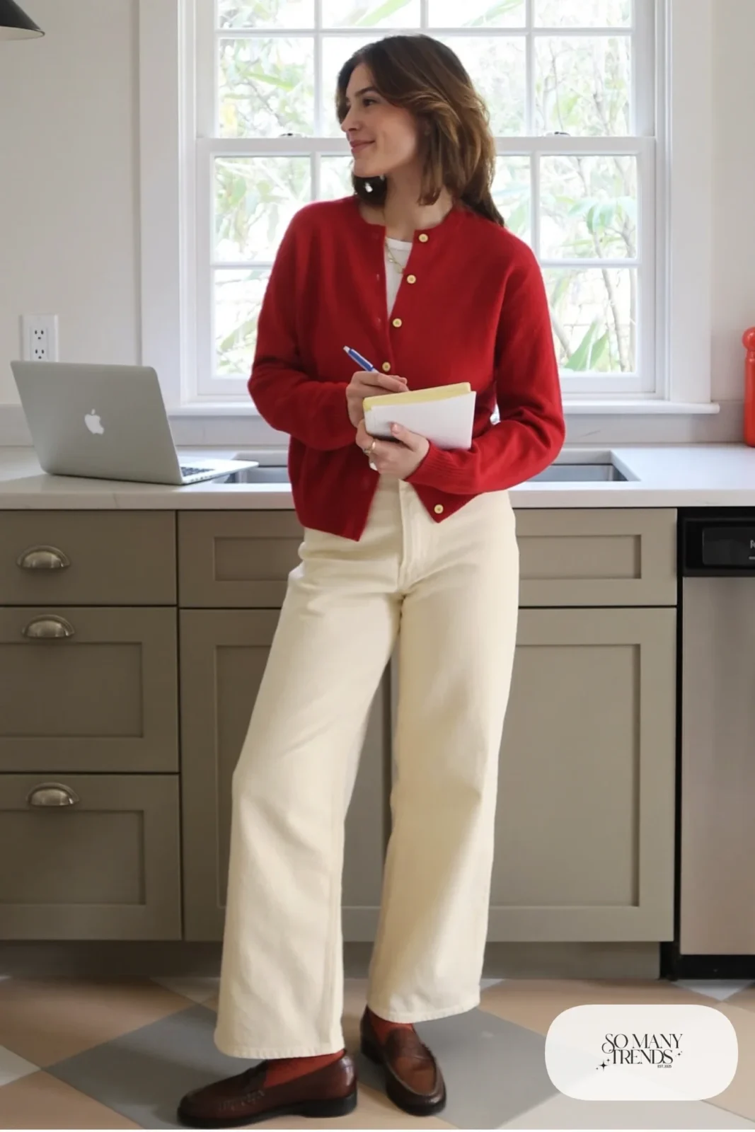 cherry red cardigan white tee cream wide leg pants brown loafers delicate necklace outfit 9