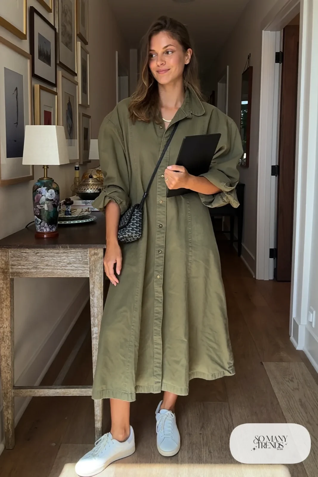 olive green cotton shirt dress white sneakers gold necklace crossbody bag outfit 10