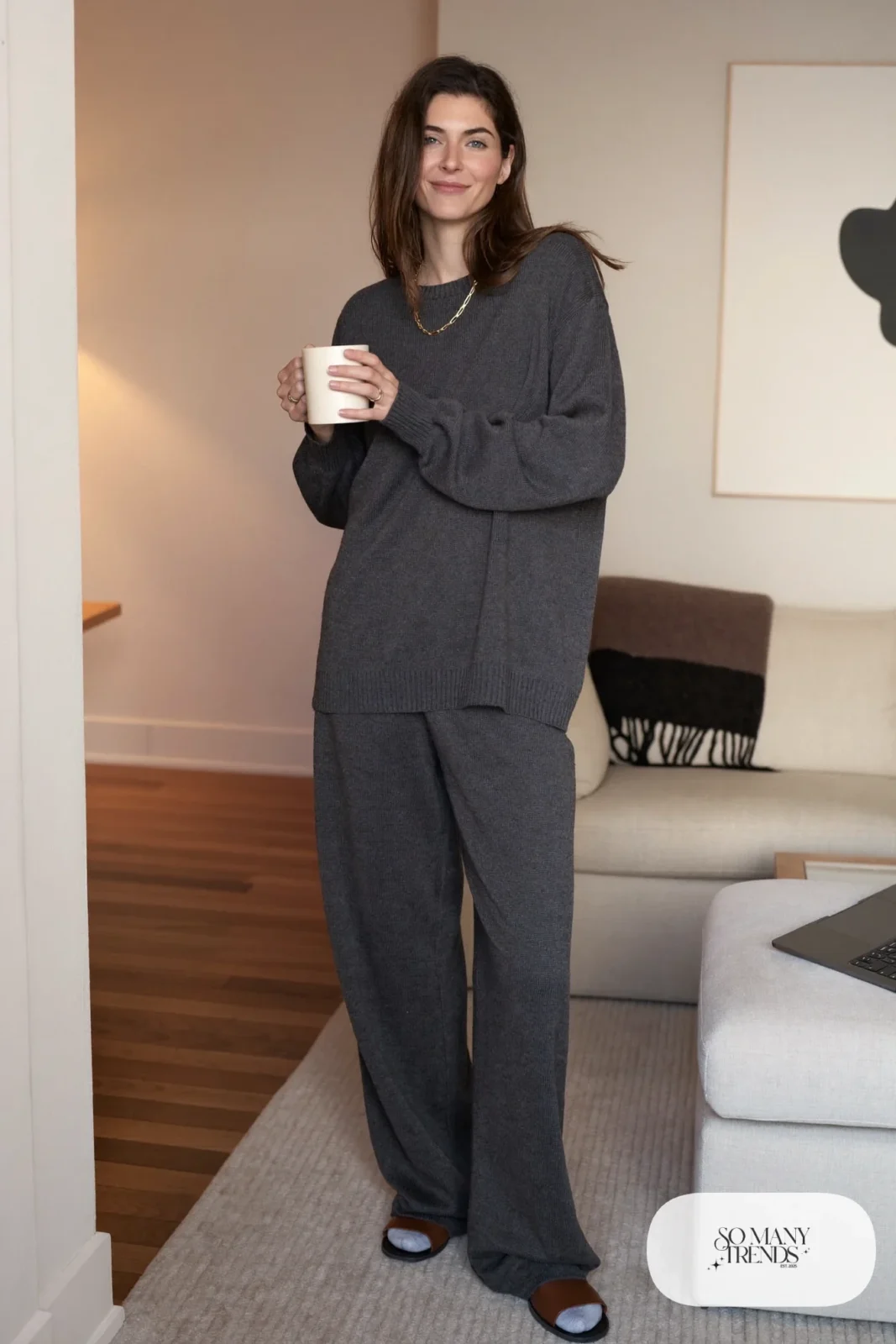 charcoal gray knit sweater set matching wide leg knit pants slide sandals mug outfit 11
