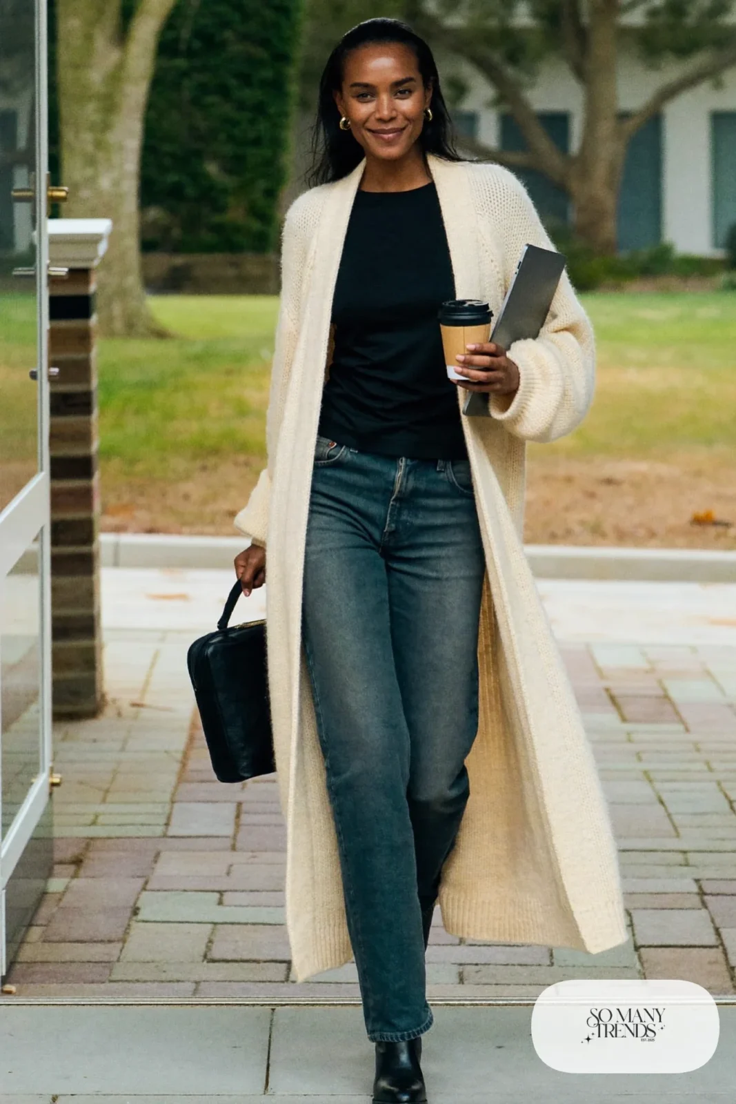 long cream knit cardigan black tee dark straight jeans black ankle boots outfit 12