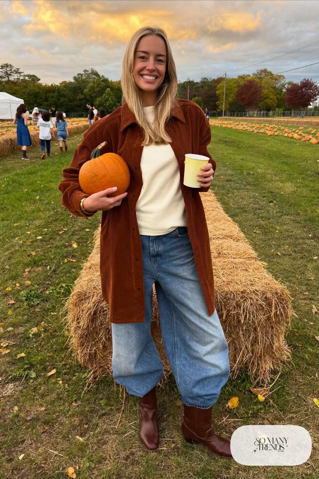 rust corduroy overshirt cream tee wide leg jeans brown ankle boots outfit 14
