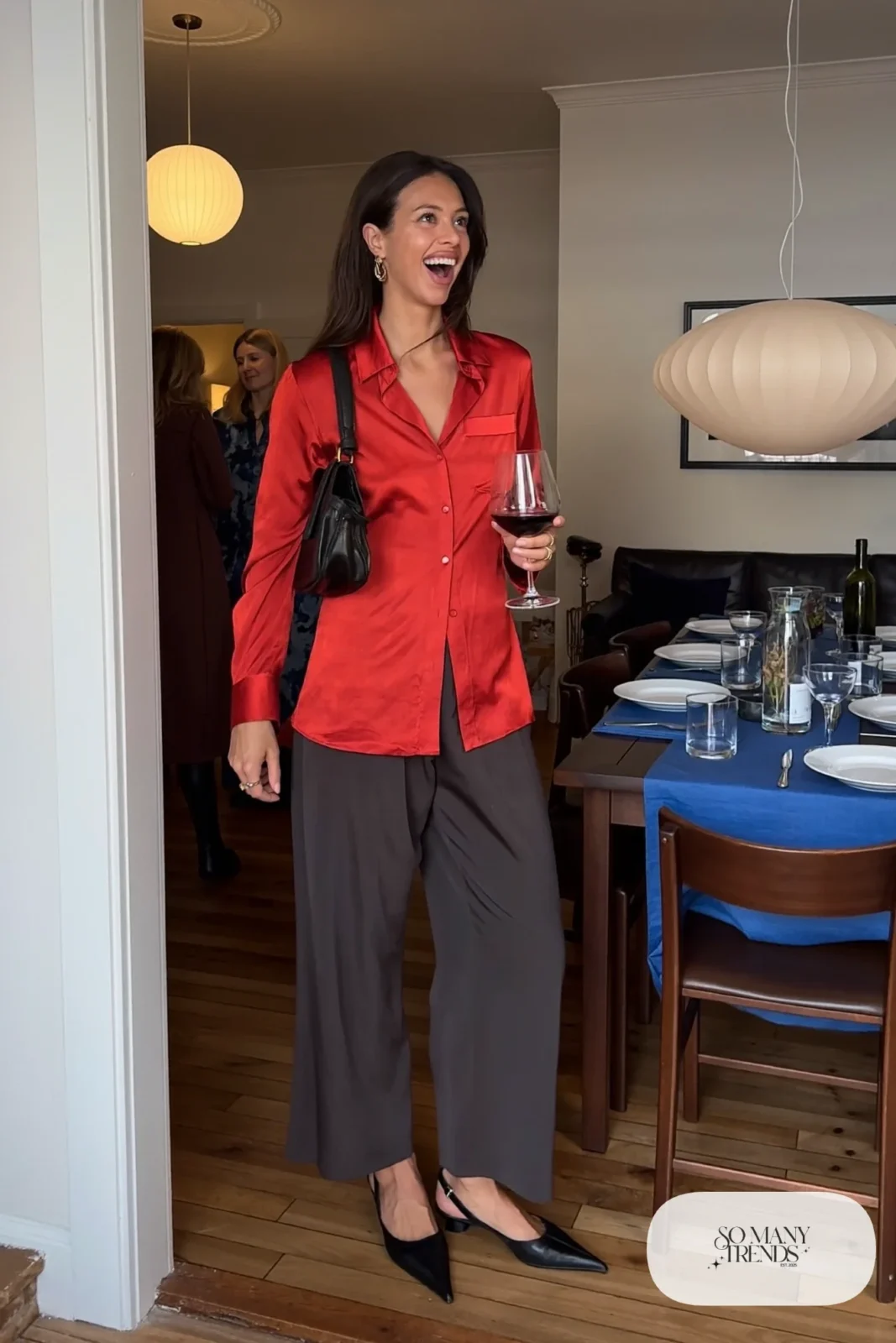 charcoal wide leg pants cherry red silk blouse black slingback flats gold earrings outfit 22