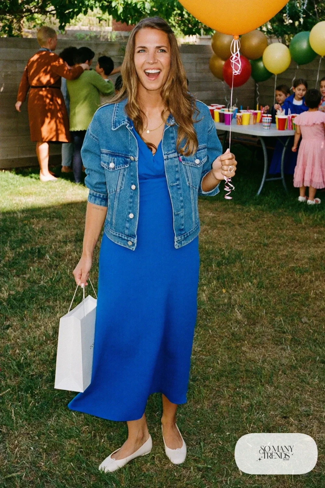 cobalt blue midi dress denim jacket white flats gold necklace outfit 25