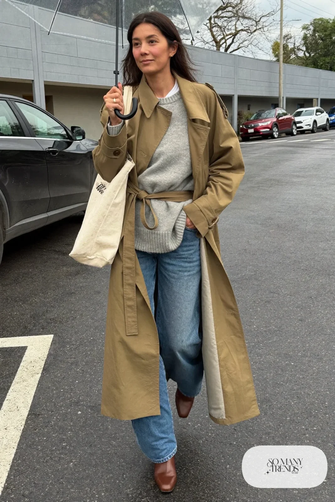 stone trench coat gray sweater straight jeans ankle boots umbrella tote outfit 26