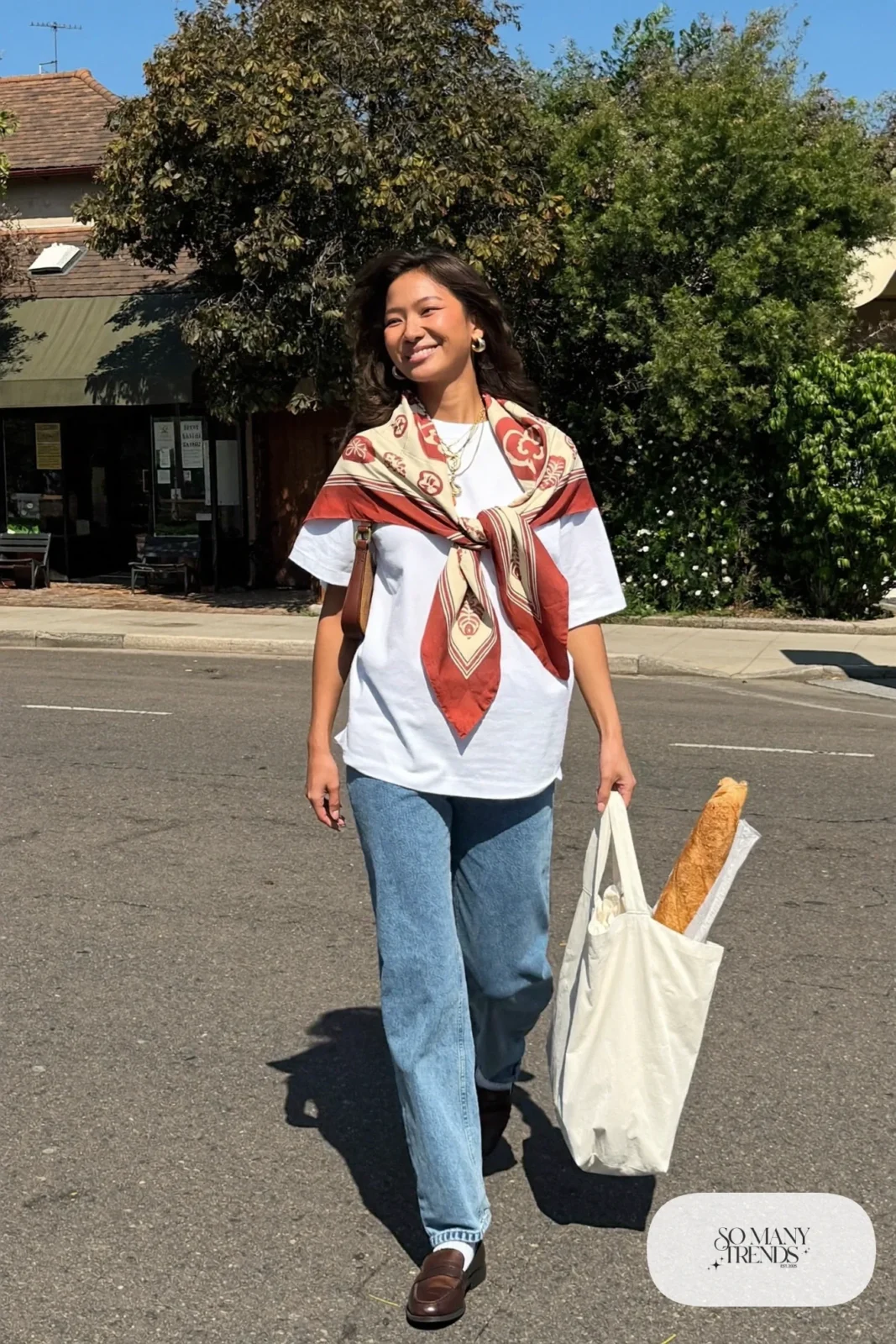 white tee patterned silk neck scarf straight jeans loafers layered gold necklaces outfit 28