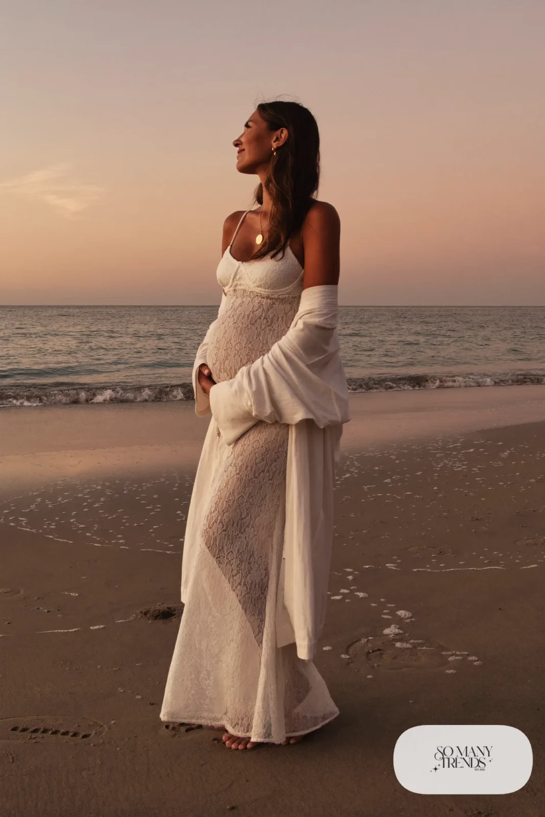 white lace maternity maxi dress long cardigan beach photo 2