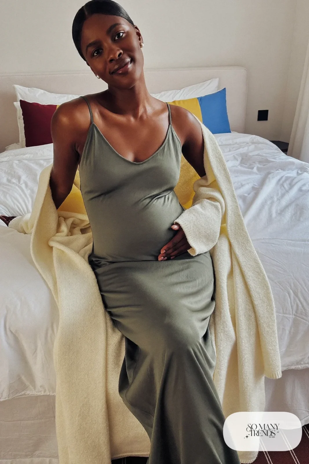sage green satin maternity slip gown oversized knit robe bedroom photo 3