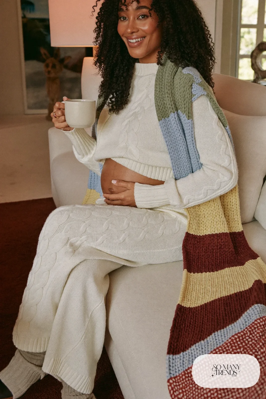 cream knit maternity sweater and pants set sofa blanket photo 5